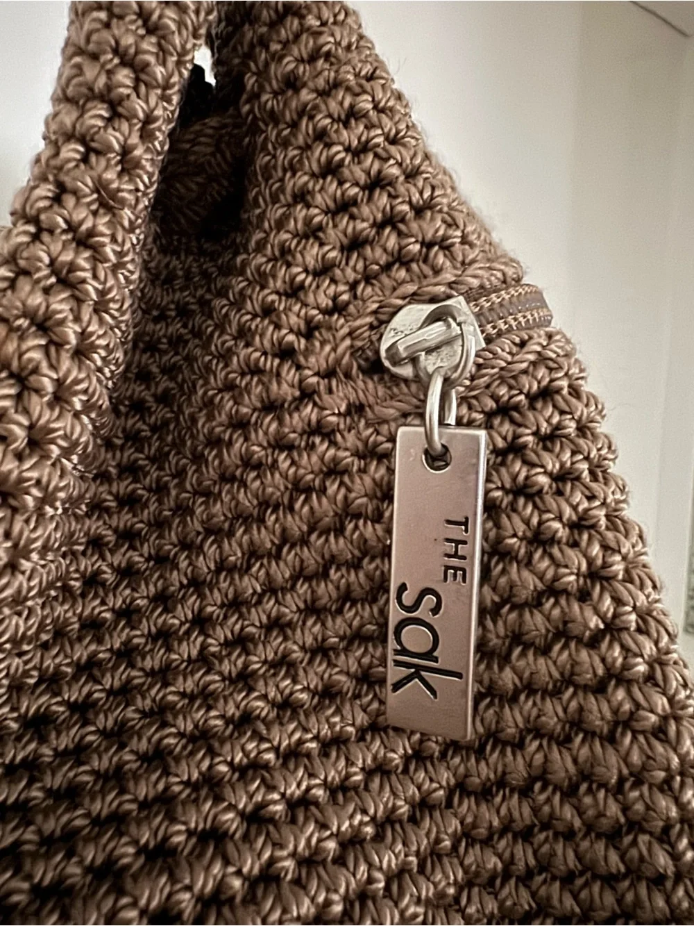 VTG The Sak Crochet Drawstring Bucket Backpack – Taupe / Brown Boho